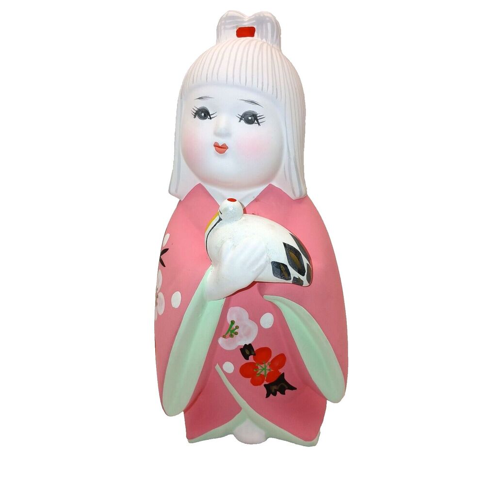 Hakata Doll Japanese Figurine Geisha Girl with Crying Bird Cherry Blossoms 7 in